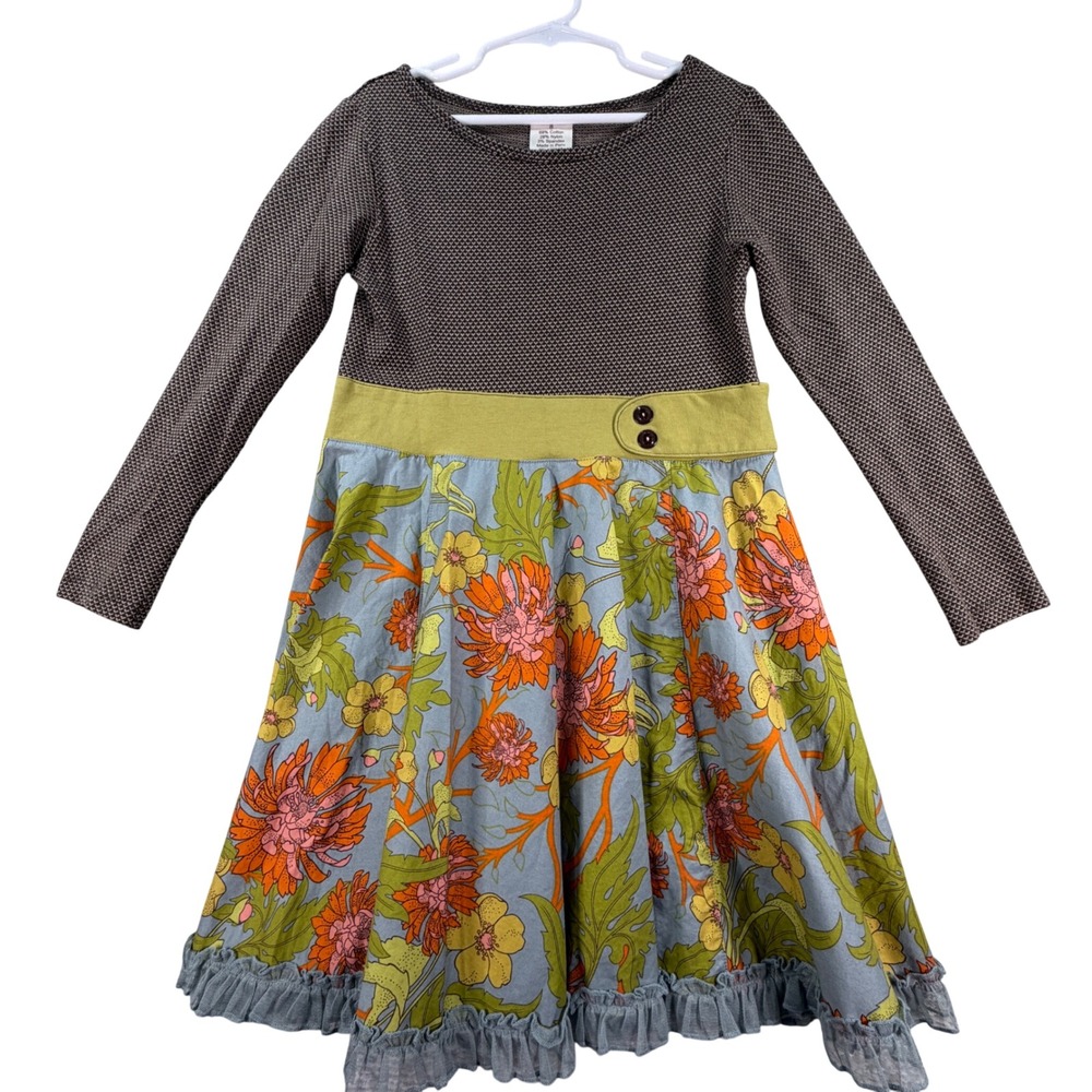 Matilda Jane Dress Floral Mixed Media Cotton Blend 8 Brown Blue Whimsical Boho